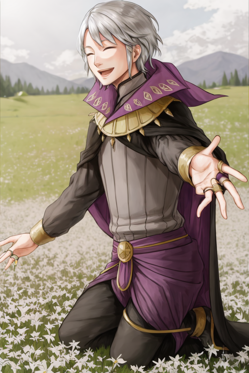 <lora:Henry_FE-02:1>  henry fe, smile, open mouth, jewelry, flower, grey hair, cape, ring, grass, outstretched hand, field